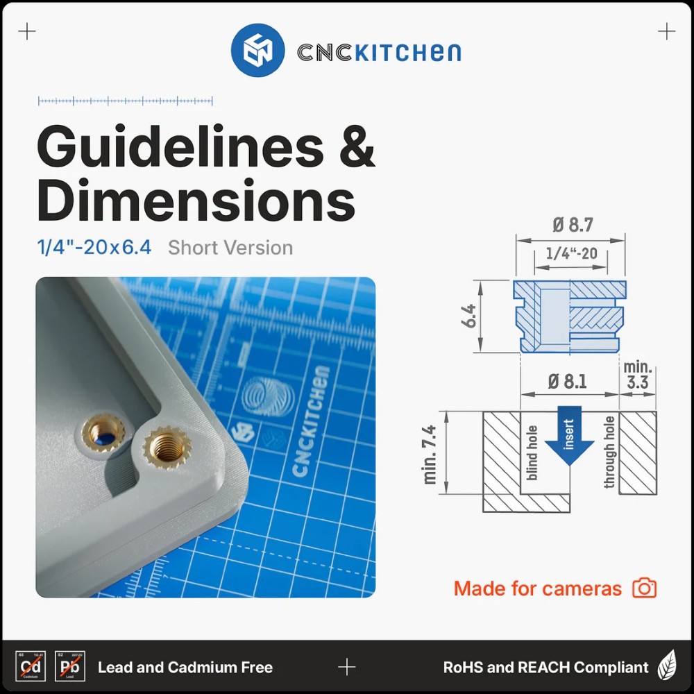 Heat Set Insert 5 1/4"-20x6.4 (Camera Thread, Short Version) (20pcs) - CNC Kitchen - Image 4