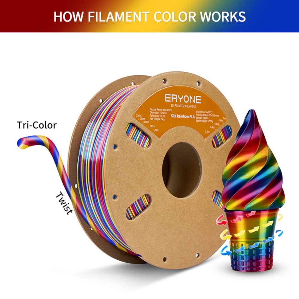 PLA Rapid Silk Rainbow 1kg Psychedelic (Red, Yellow and Blue) - ERYONE - Image 4